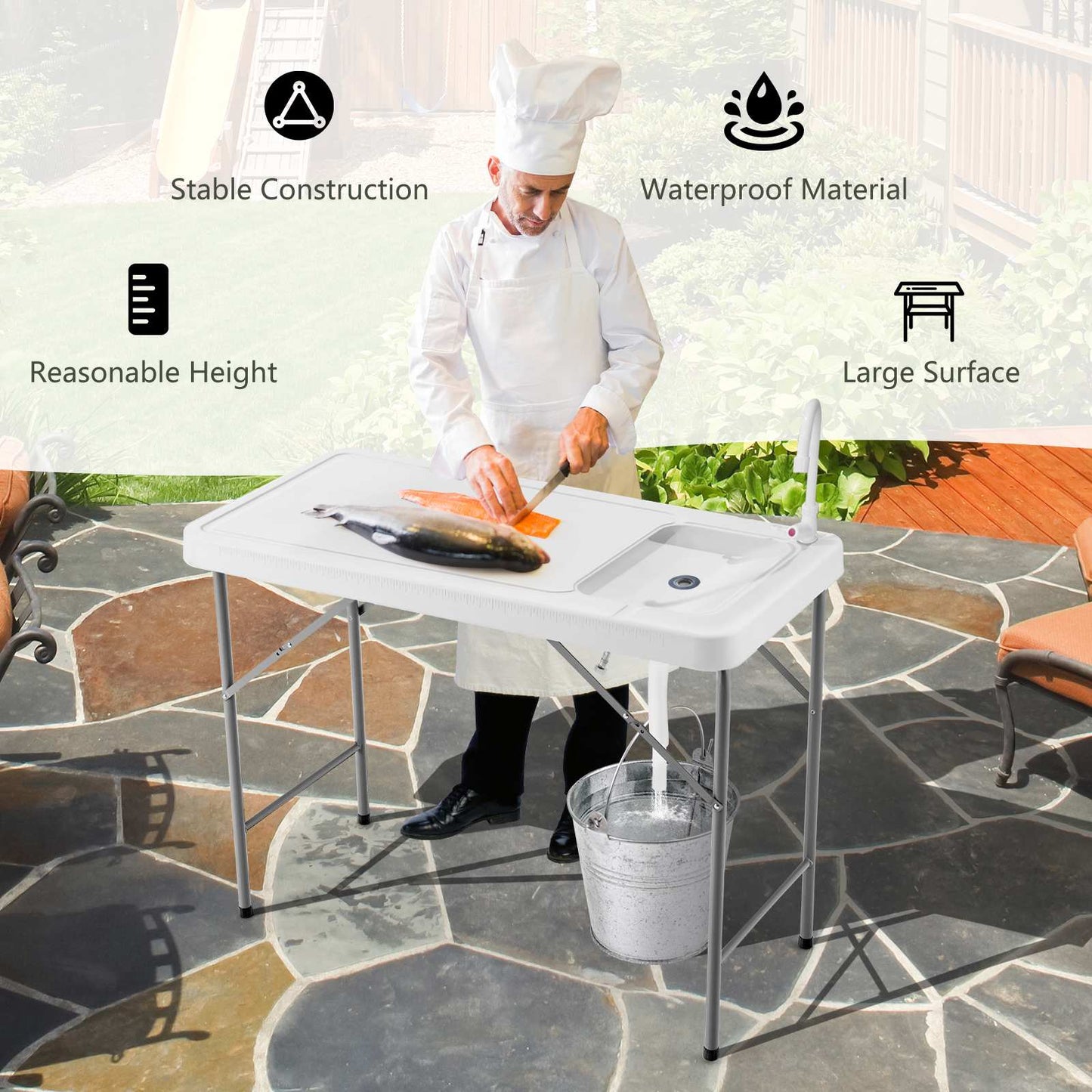 Folding Portable Fish Fillet Table Folding Camping Table w/Sink Faucet Outdoor Kitchen