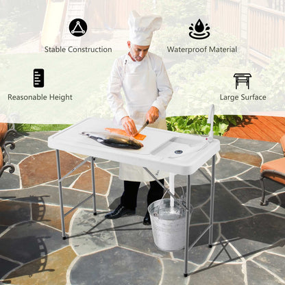 Folding Portable Fish Fillet Table Folding Camping Table w/Sink Faucet Outdoor Kitchen