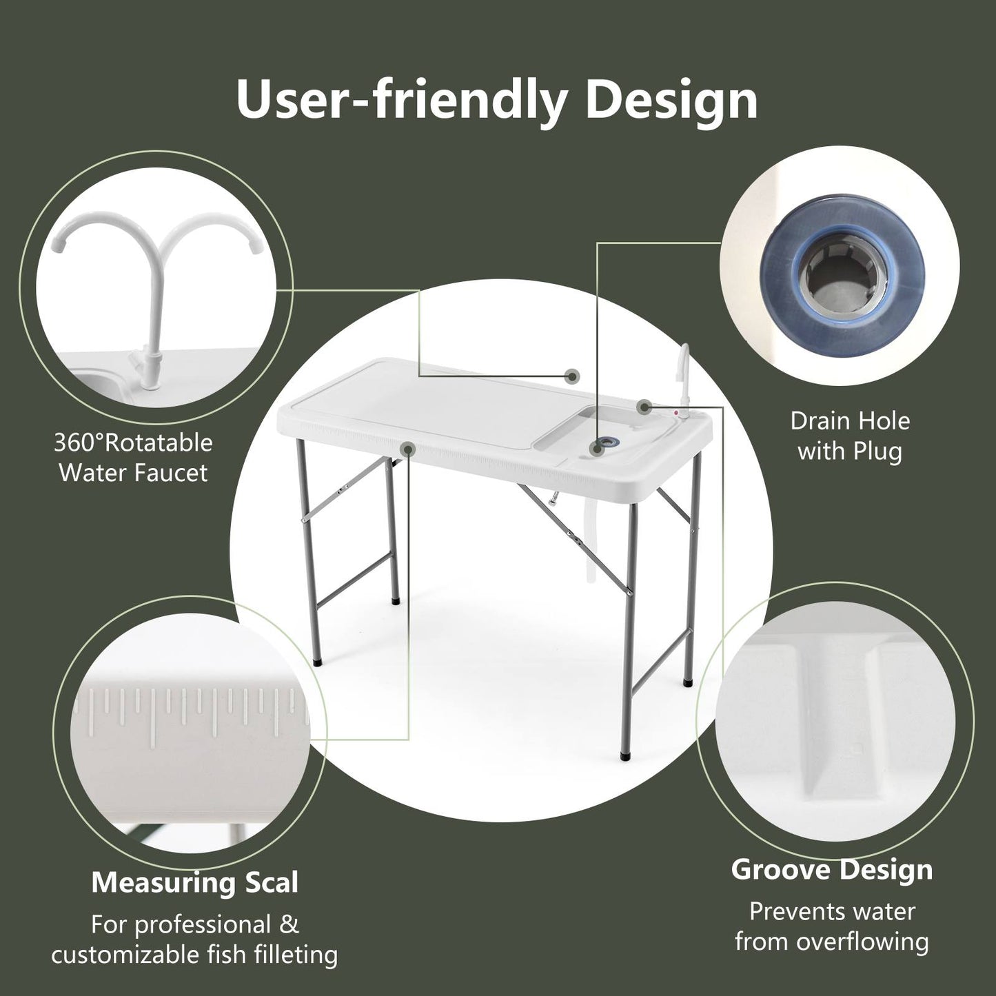 Folding Portable Fish Fillet Table Folding Camping Table w/Sink Faucet Outdoor Kitchen