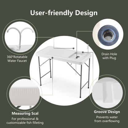 Folding Portable Fish Fillet Table Folding Camping Table w/Sink Faucet Outdoor Kitchen