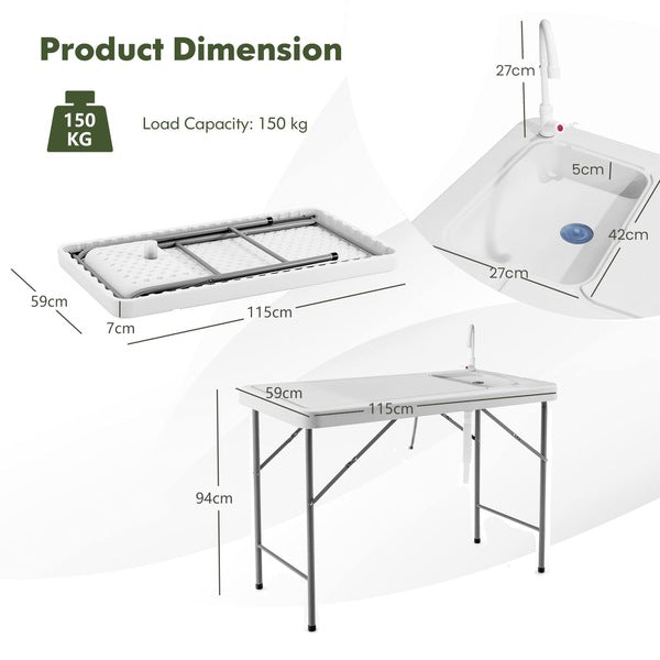 Folding Portable Fish Fillet Table Folding Camping Table w/Sink Faucet Outdoor Kitchen