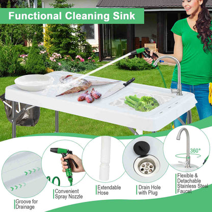 Portable Fish Filleting Table w/Built-in Sink Faucet Spray Nozzle