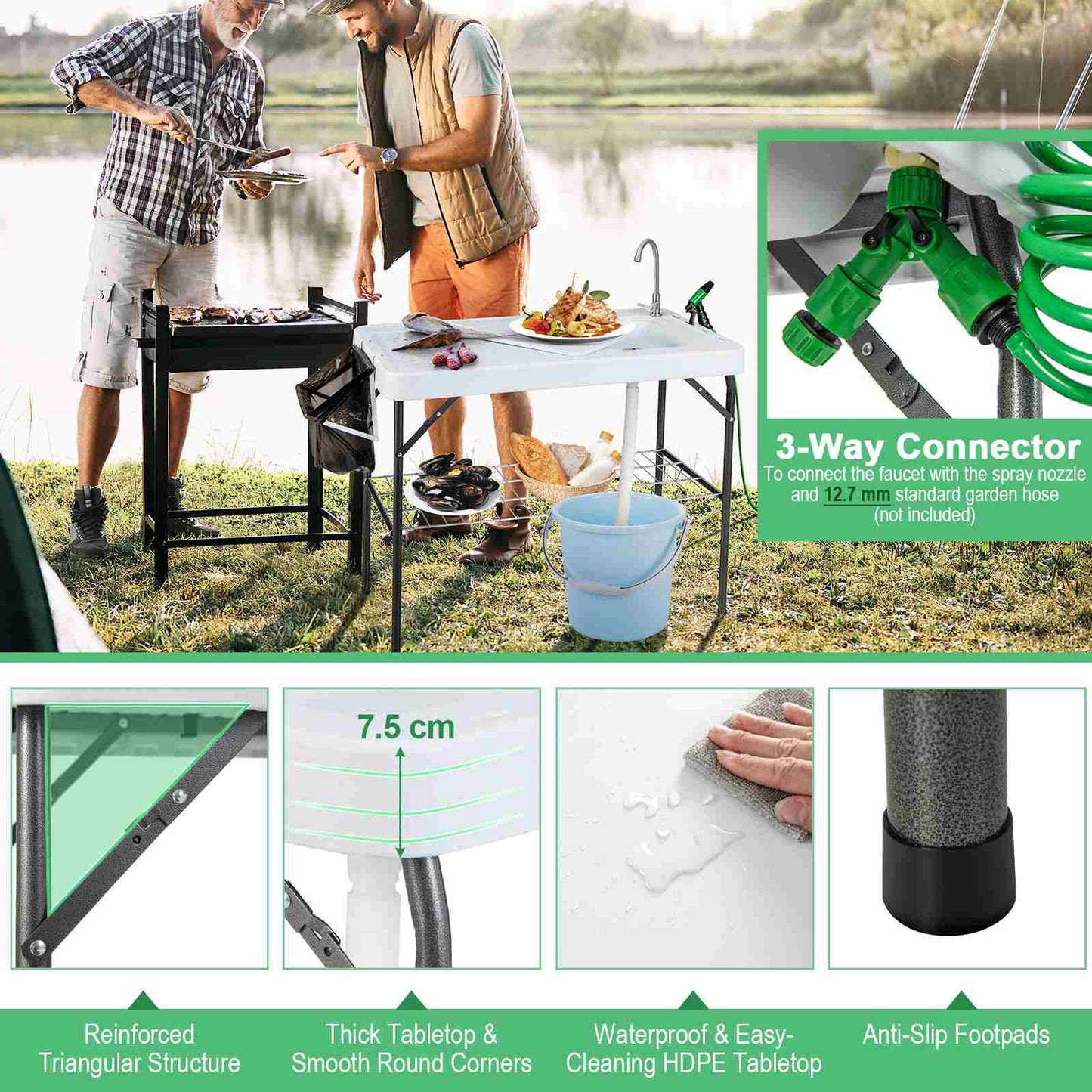 Portable Fish Filleting Table w/Built-in Sink Faucet Spray Nozzle