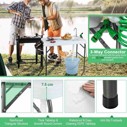 Portable Fish Filleting Table w/Built-in Sink Faucet Spray Nozzle