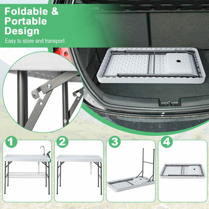 Portable Fish Filleting Table w/Built-in Sink Faucet Spray Nozzle