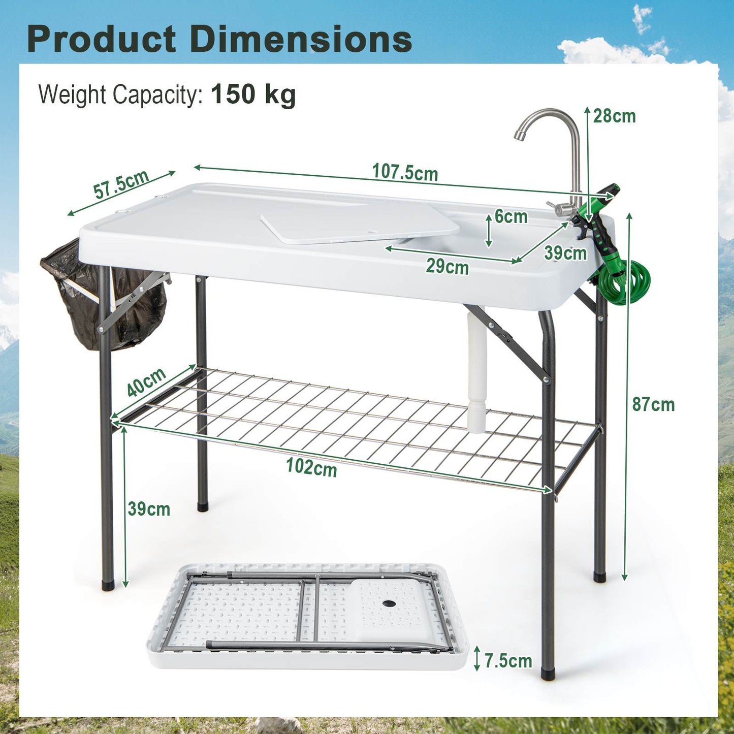Portable Fish Filleting Table w/Built-in Sink Faucet Spray Nozzle