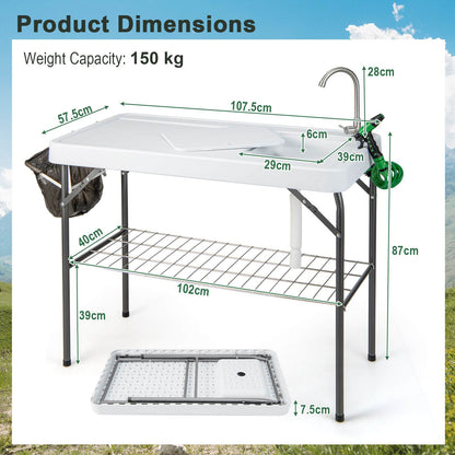 Portable Fish Filleting Table w/Built-in Sink Faucet Spray Nozzle