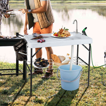 Portable Fish Filleting Table w/Built-in Sink Faucet Spray Nozzle