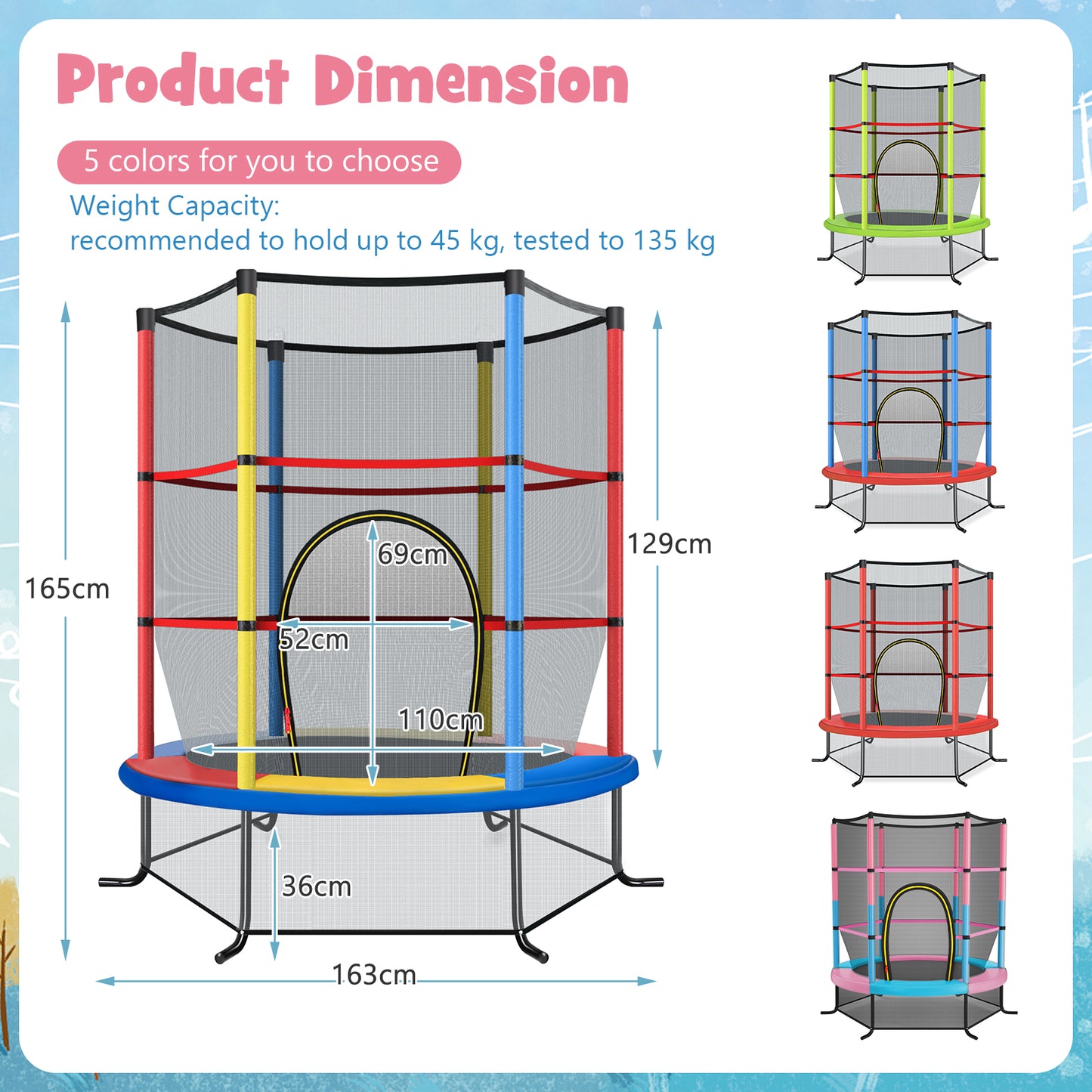 5.3FT Mini Kids Trampoline with 135kg Load Capacity & Enclosure Net