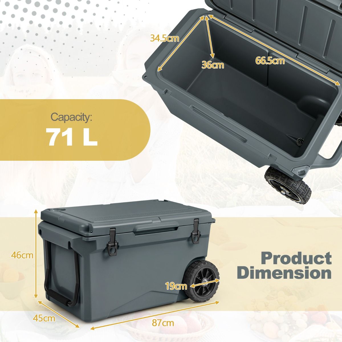 71 L Portable Cooler on Wheels with Handles