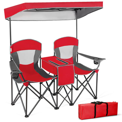 Double Folding Canopy Chair Outdoor 2-Person Camping Seat with Adjustable Sun Shade