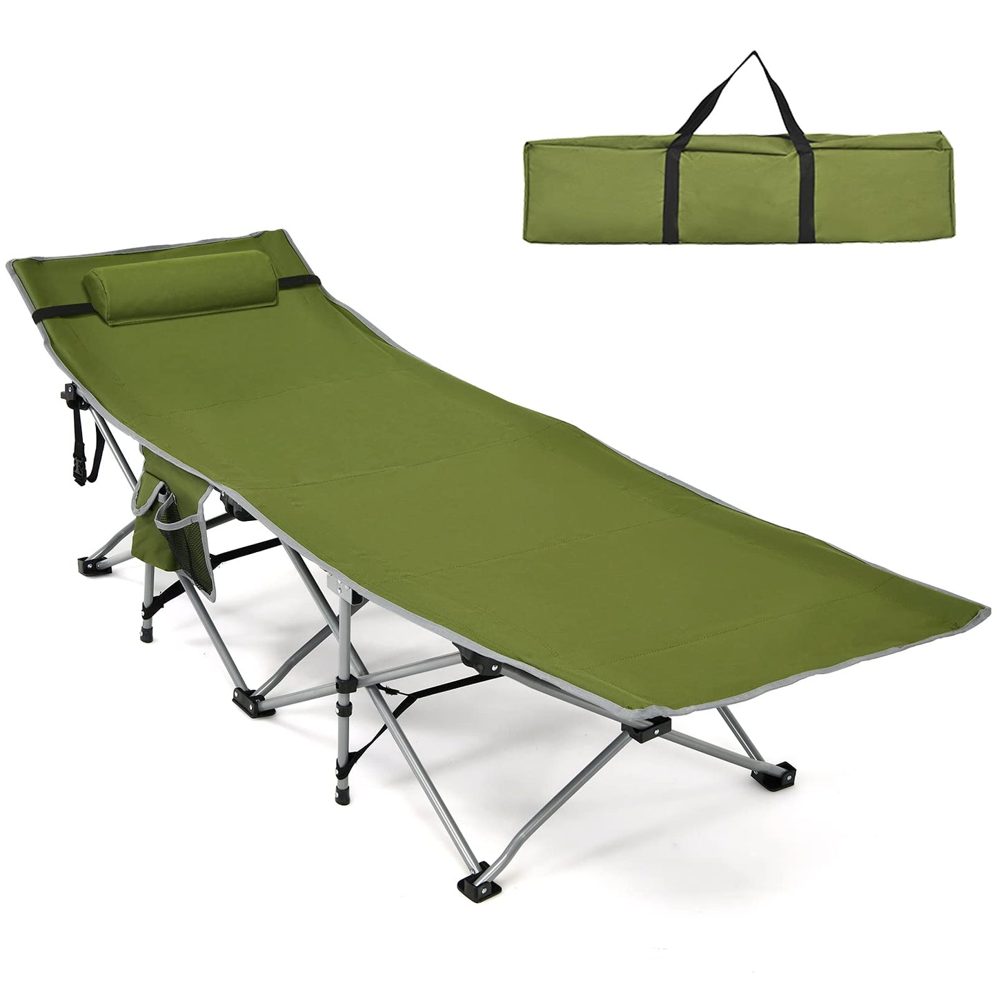 Folding Camping Cot Heavy-Duty Outdoor Cot Bed w/Side Storage Pocket