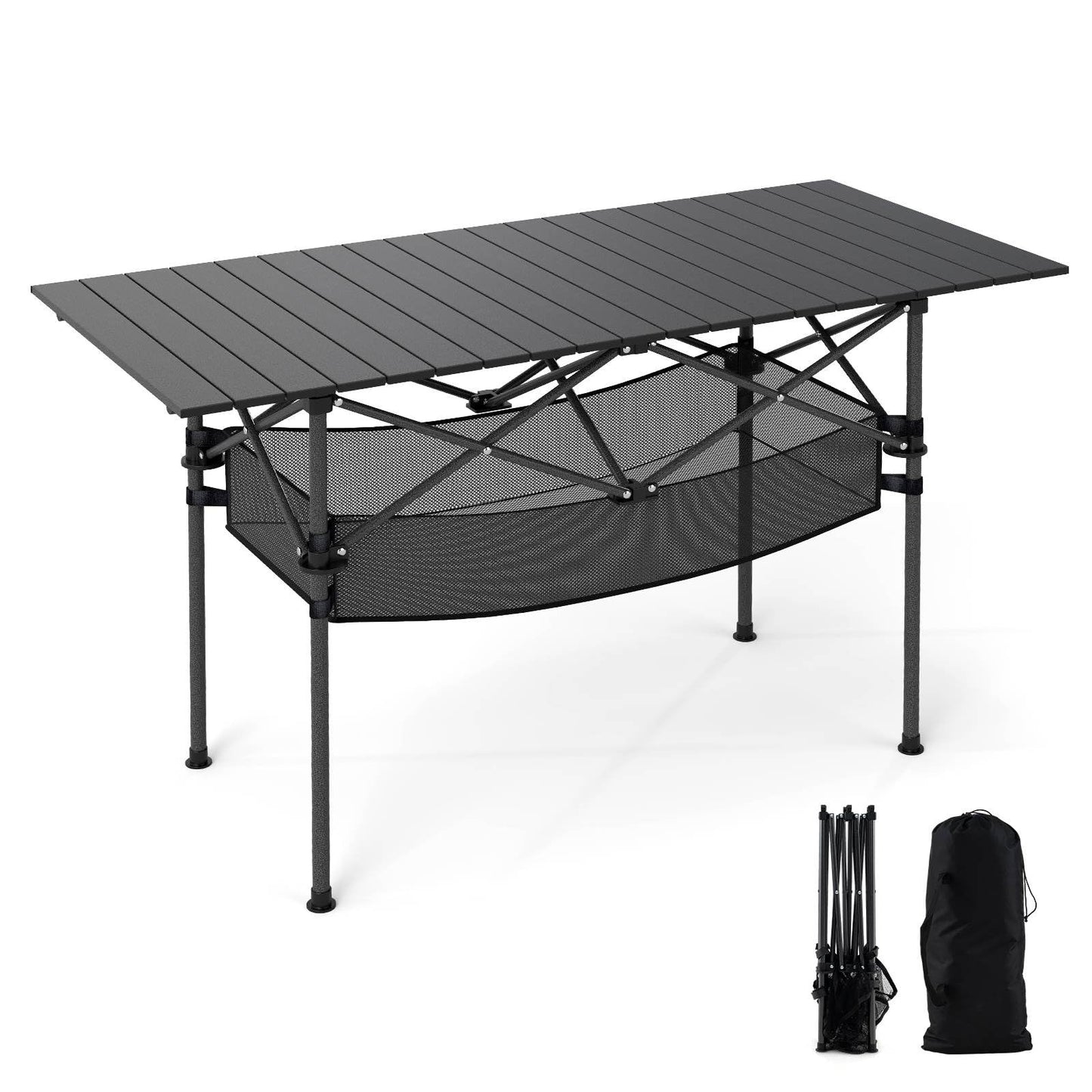Patio Folding Camping Table Portable Picnic Table with Aluminum Roll-up Tabletop and Mesh Basket