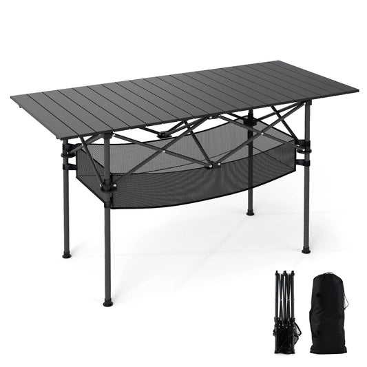 Patio Folding Camping Table Portable Picnic Table with Aluminum Roll-up Tabletop and Mesh Basket