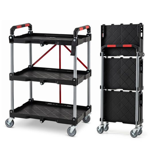 3-Tier Folding Utility Cart with Swivel Wheels and Brakes