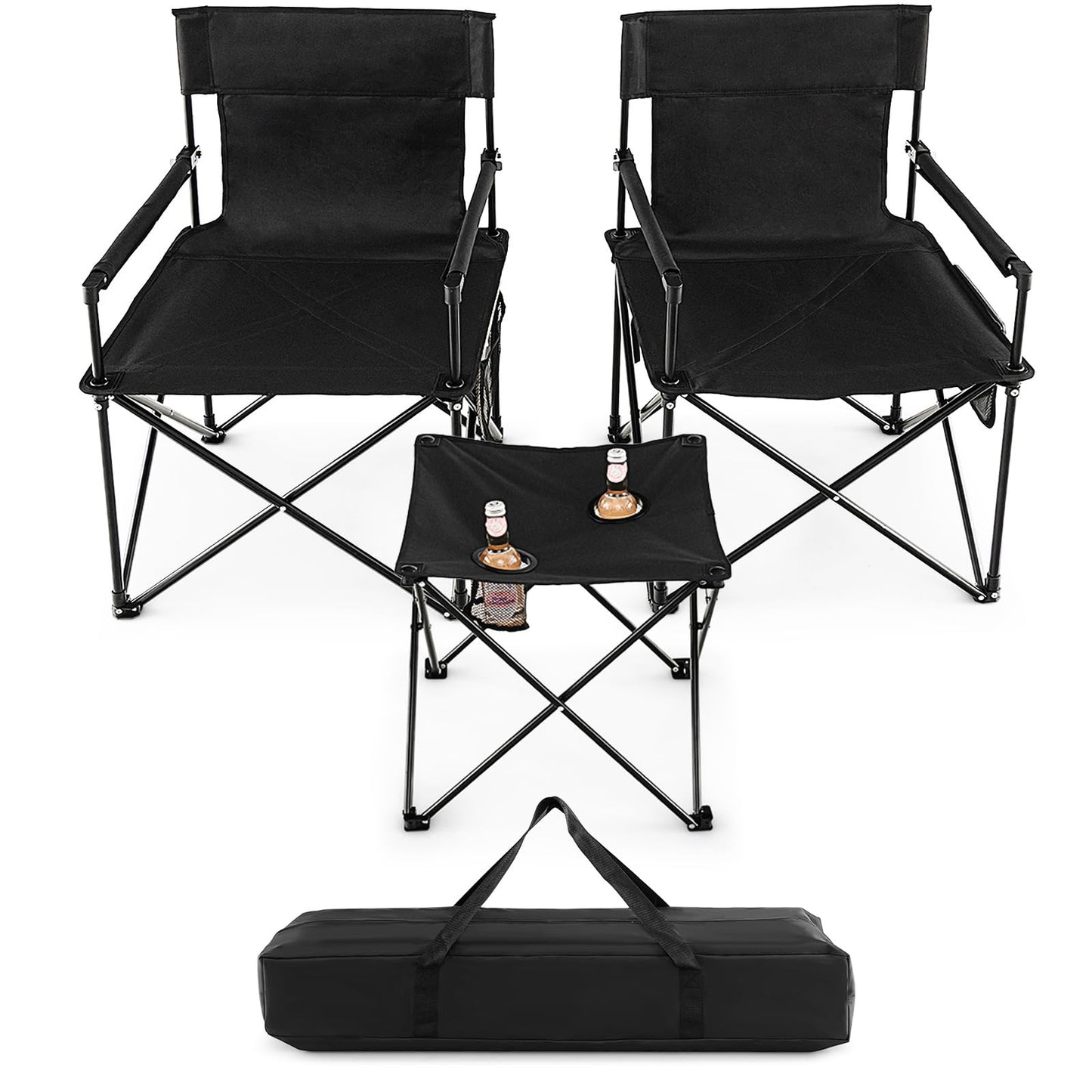 Portable Lawn Chairs & Side Table with 2 Cup Holders Storage Pockets