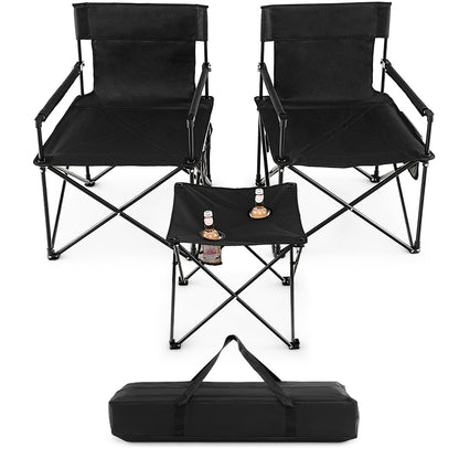 Portable Lawn Chairs & Side Table with 2 Cup Holders Storage Pockets