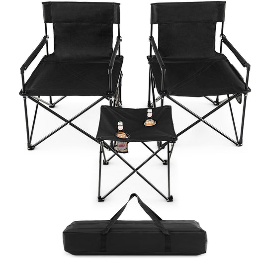 Portable Lawn Chairs & Side Table with 2 Cup Holders Storage Pockets