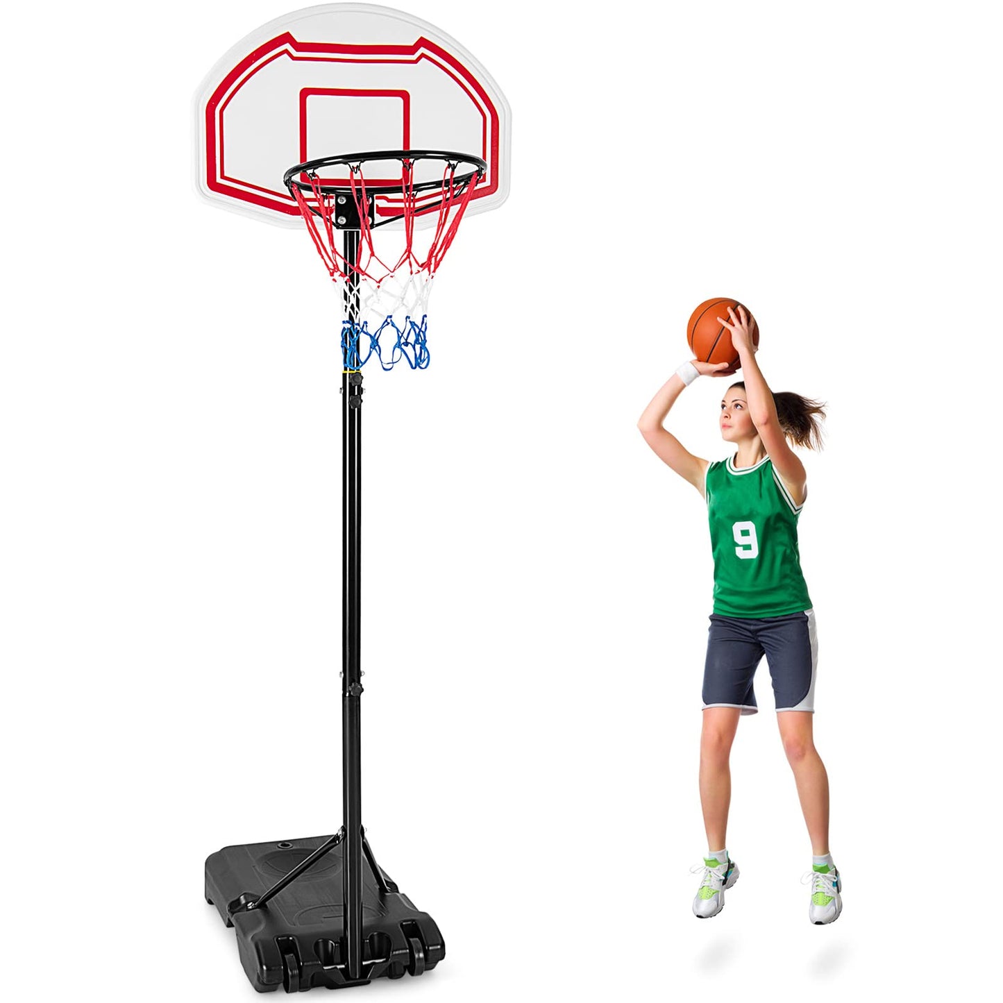Height Adjustable Basketball System with 2 Nets Fillable Base 2 Built-in Wheels