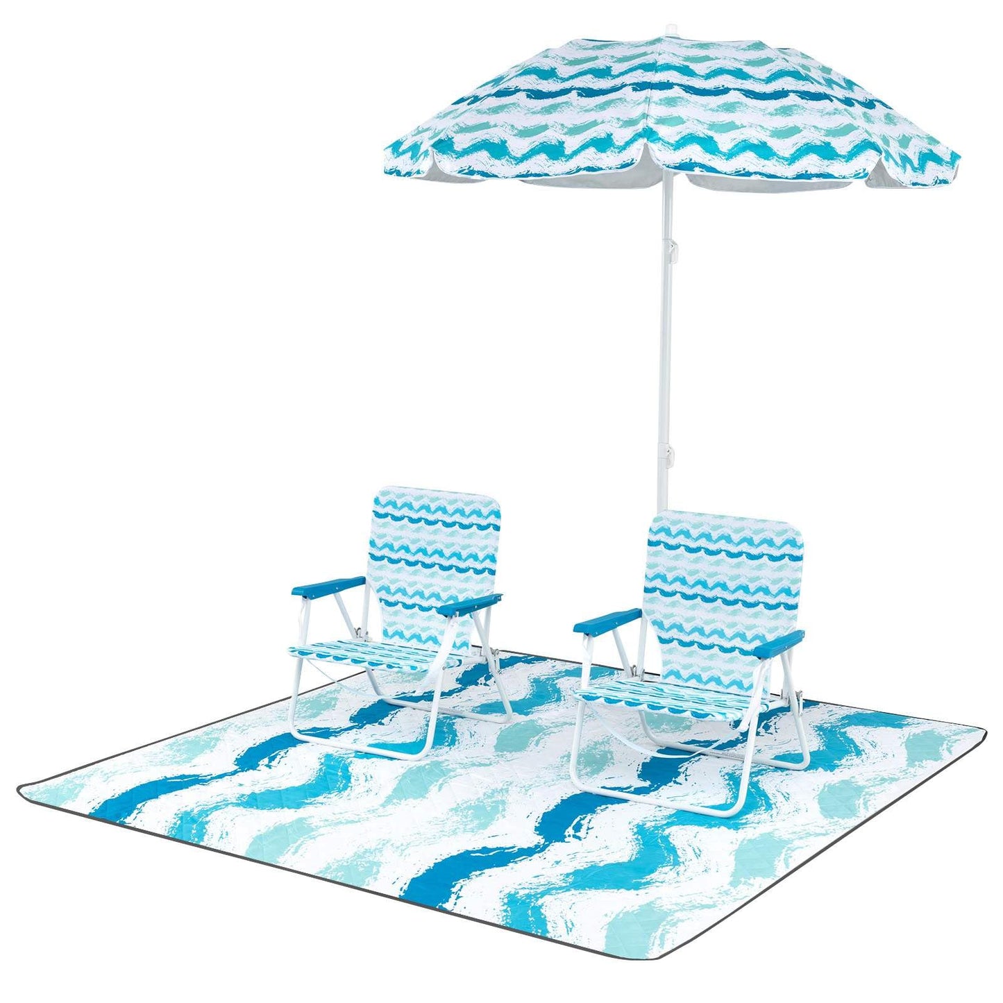 4 Pieces Beach Umbrella Set with 2 Foldable Chairs and Picnic Blanket