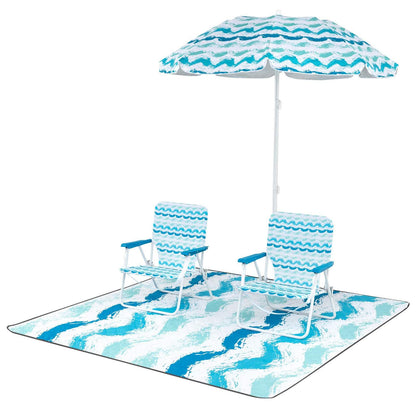 4 Pieces Beach Umbrella Set with 2 Foldable Chairs and Picnic Blanket