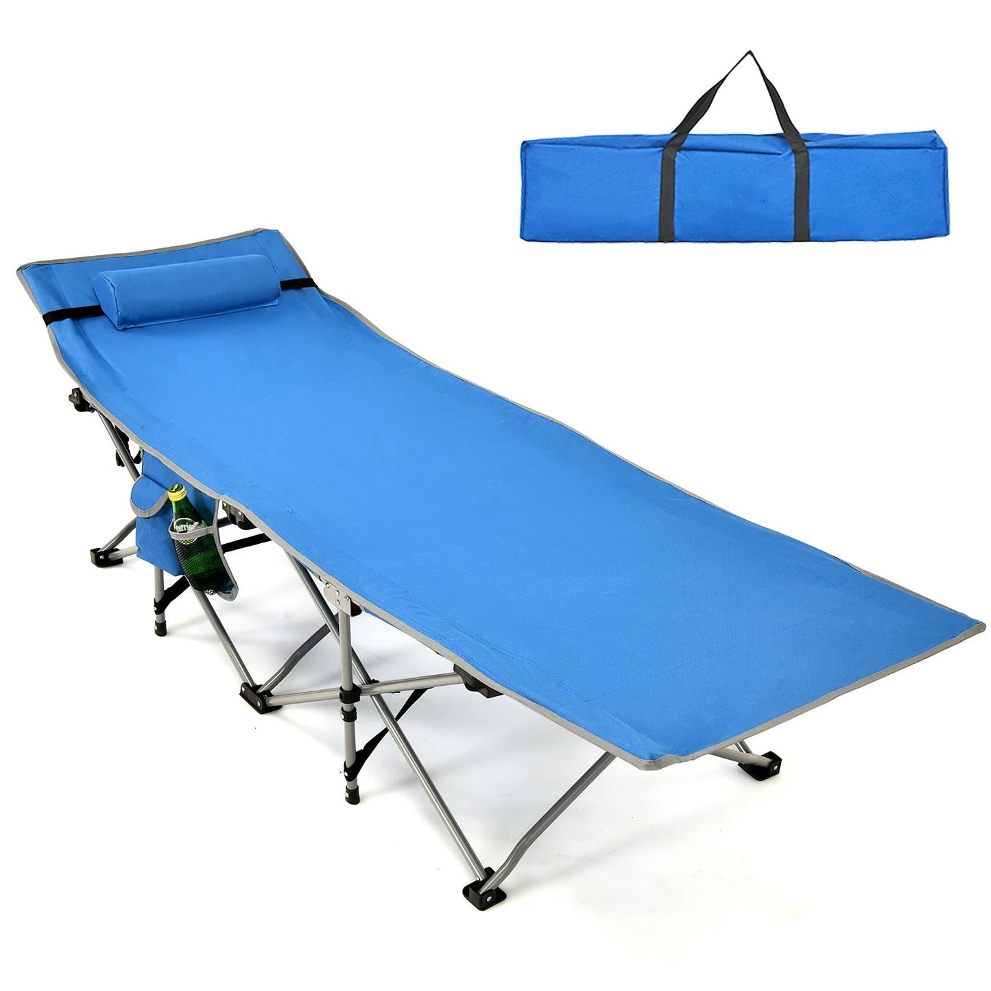 Folding Camping Cot Heavy-Duty Outdoor Cot Bed w/Side Storage Pocket