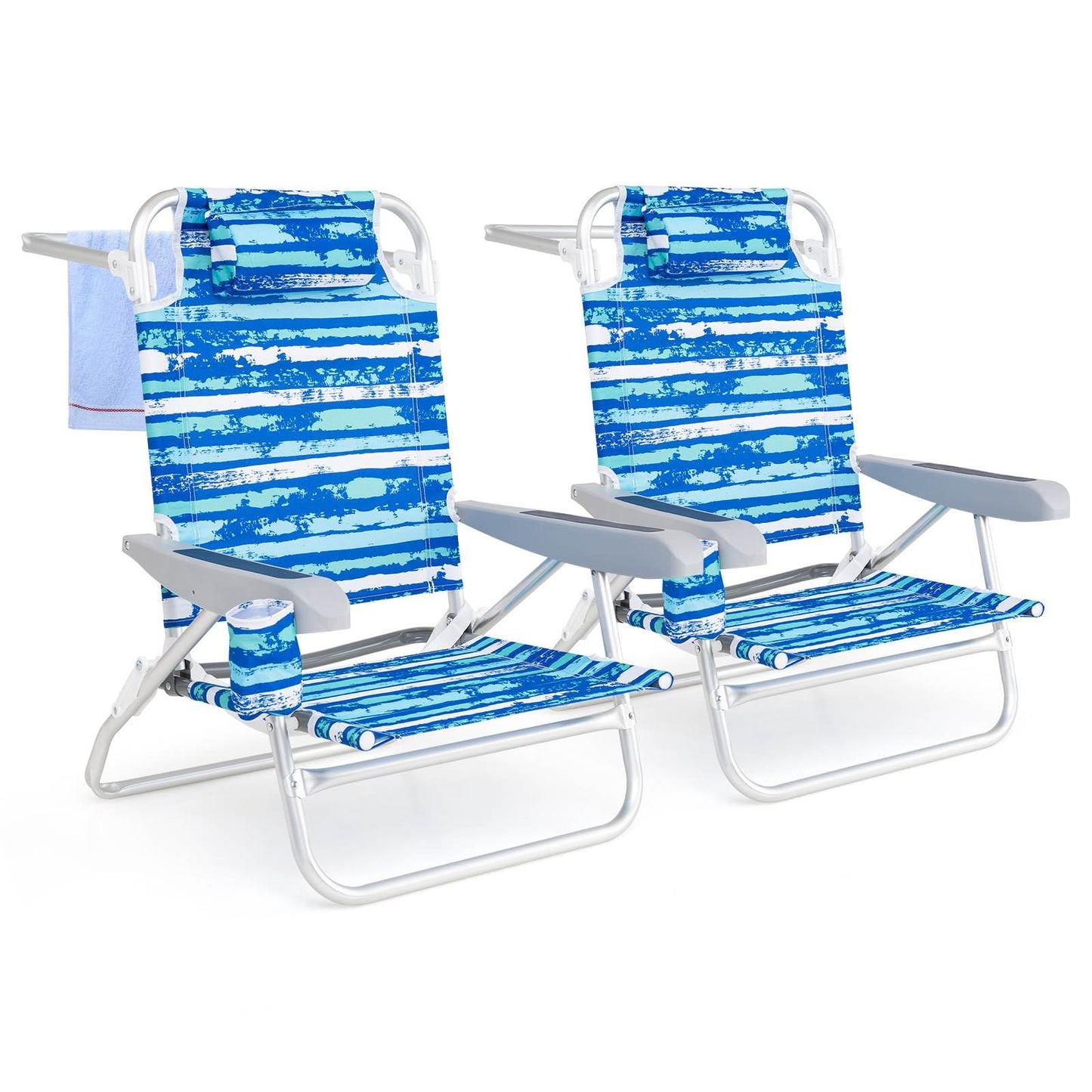 2 Pack Folding Beach Chair Adjustable with Head Pillow and Towel Bar