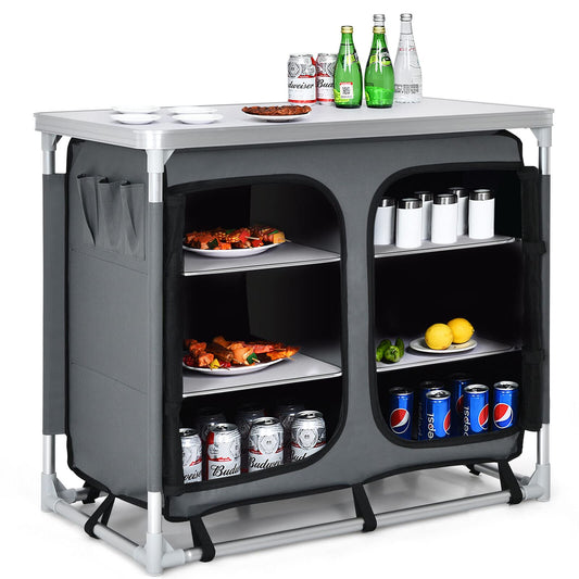 Aluminum Camping Table Portable Camping Kitchen Cupboard Table with Zippered Storage Shelves and Carrying Bag
