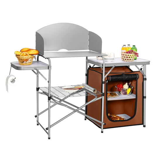 Outdoor Camping Table with Storage Aluminium Folding Camp Kitchen with Windscreen