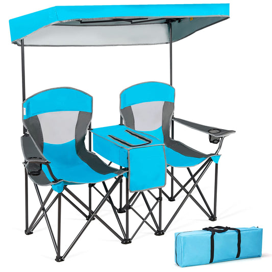 Double Folding Canopy Chair Outdoor 2-Person Camping Seat with Adjustable Sun Shade
