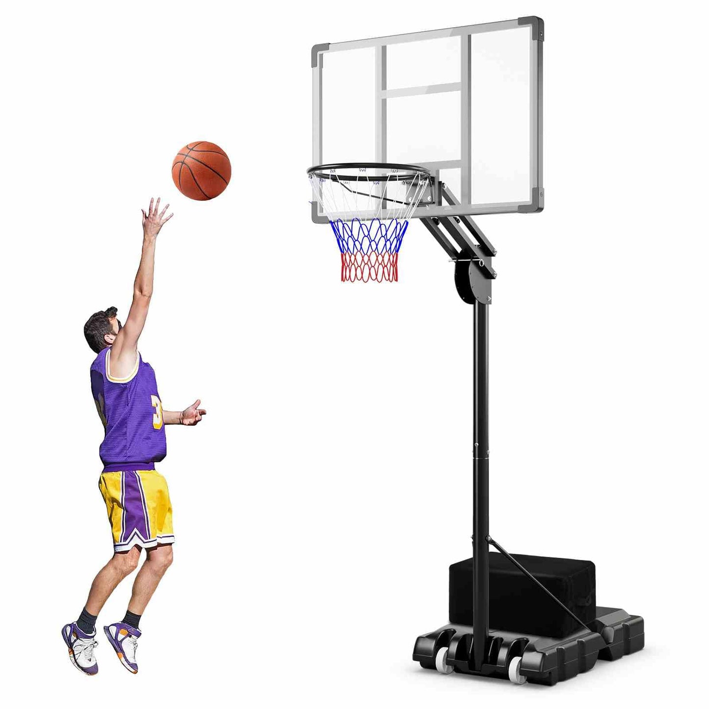 Adjustable Basketball Hoop with Shatterproof Backboard and 2 Wheels