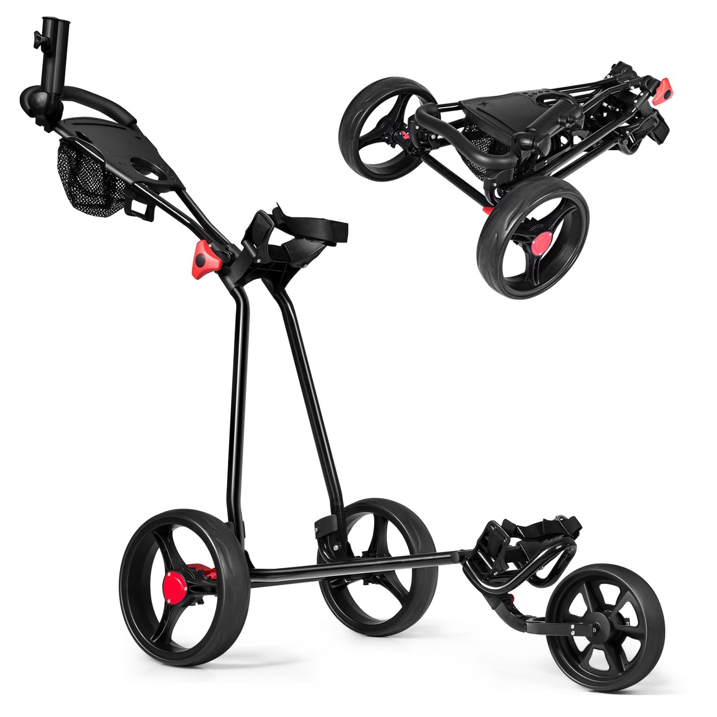 3 Wheel Golf Push Cart Folding Collapsible Lightweight Iron Golf Pull Cart with Adjustable TPR Handle