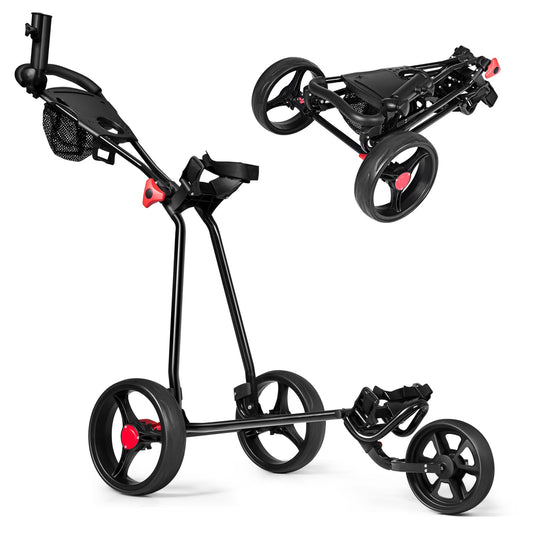 3 Wheel Golf Push Cart Folding Collapsible Lightweight Iron Golf Pull Cart with Adjustable TPR Handle