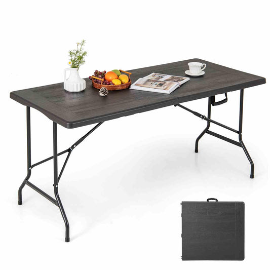 Outdoor Dining Table w/Wood Grain HDPE Tabletop 4-6 Person Camping Table