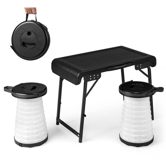3-Piece Folding Table Stool Set with a Camping Table & 2 Retractable LED Stools