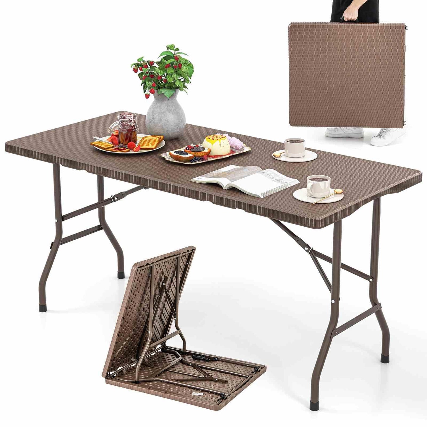 1.5m Folding Picnic Table w/Rattan Grain HDPE Tabletop