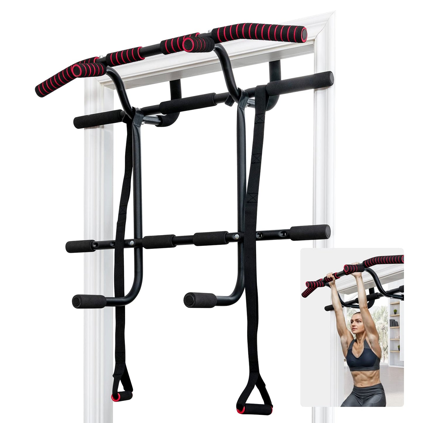 Portable Doorway Pull Up Bar Hanging Fitness Door Trainer w/Power Ropes & Dip Station