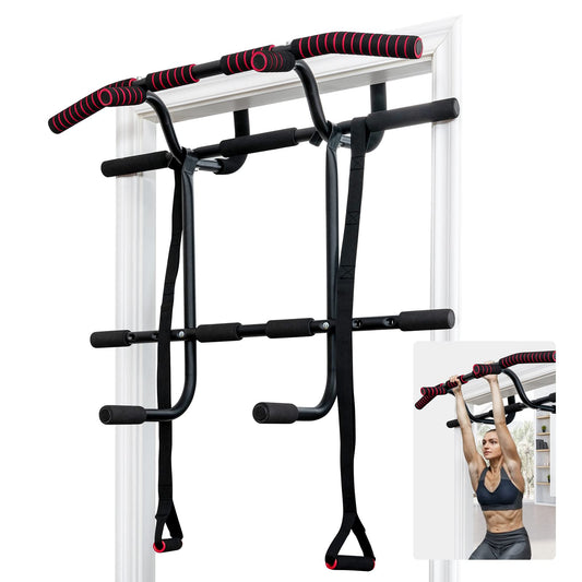Portable Doorway Pull Up Bar Hanging Fitness Door Trainer w/Power Ropes & Dip Station