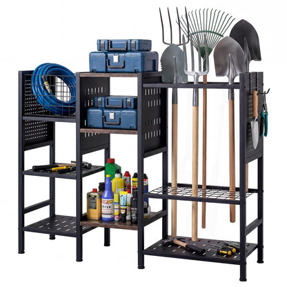 Garden Tool Organizer with Wooden Shelves 3-Tier Yard Freestanding Storage Rack