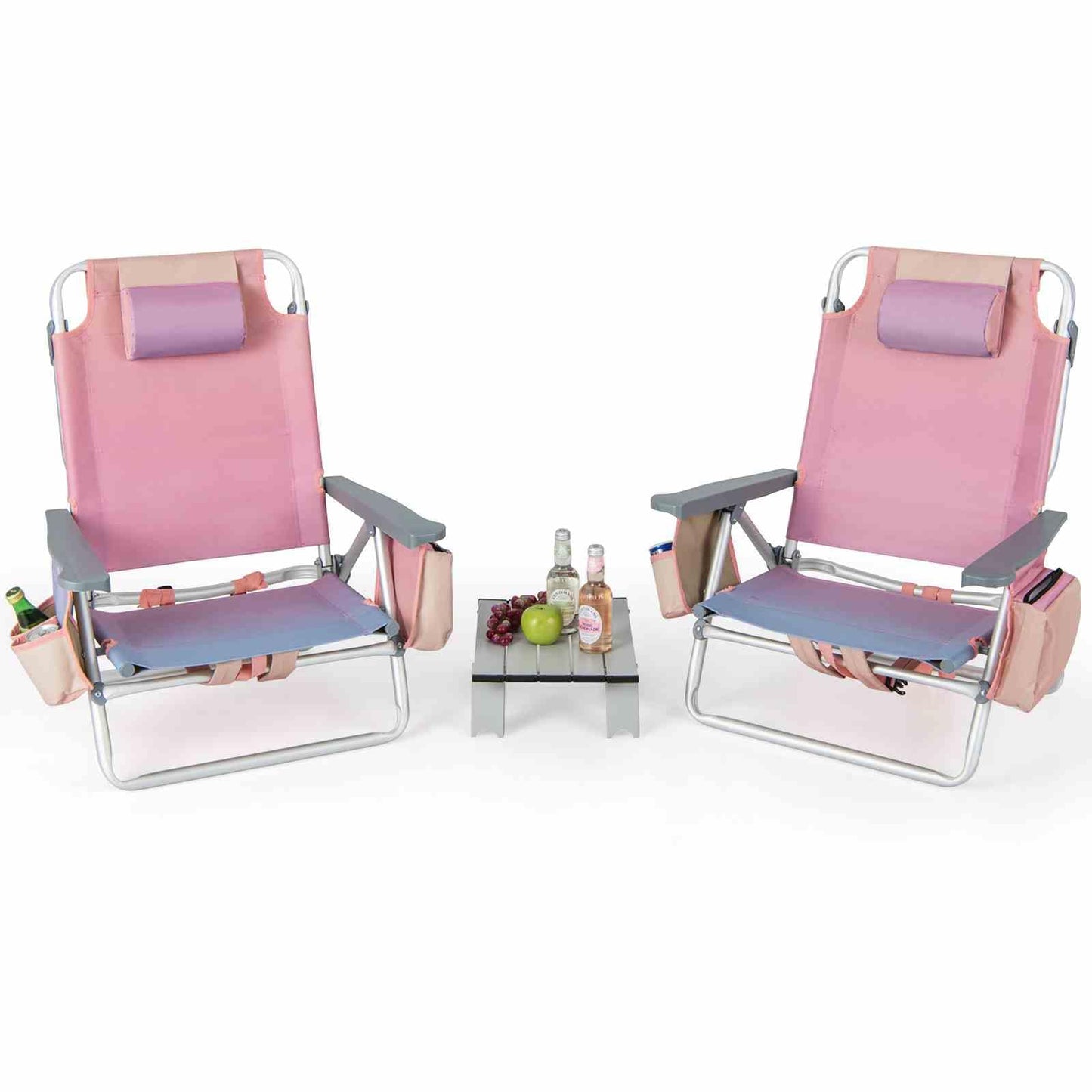 2-Pack Folding Backpack Beach Chair 5-Position Outdoor Reclining Chairs with Pillow