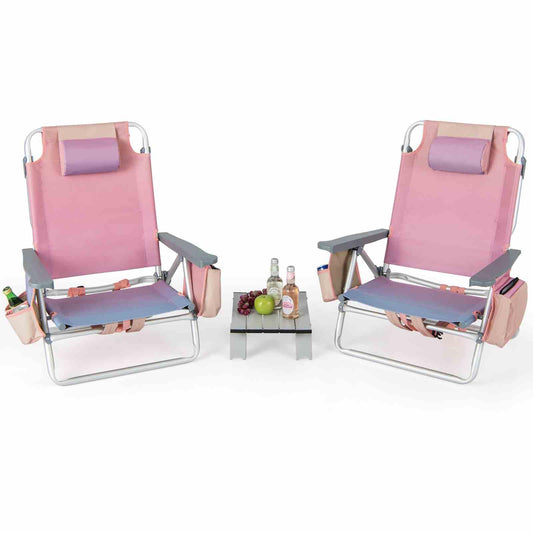 2-Pack Folding Backpack Beach Chair 5-Position Outdoor Reclining Chairs with Pillow