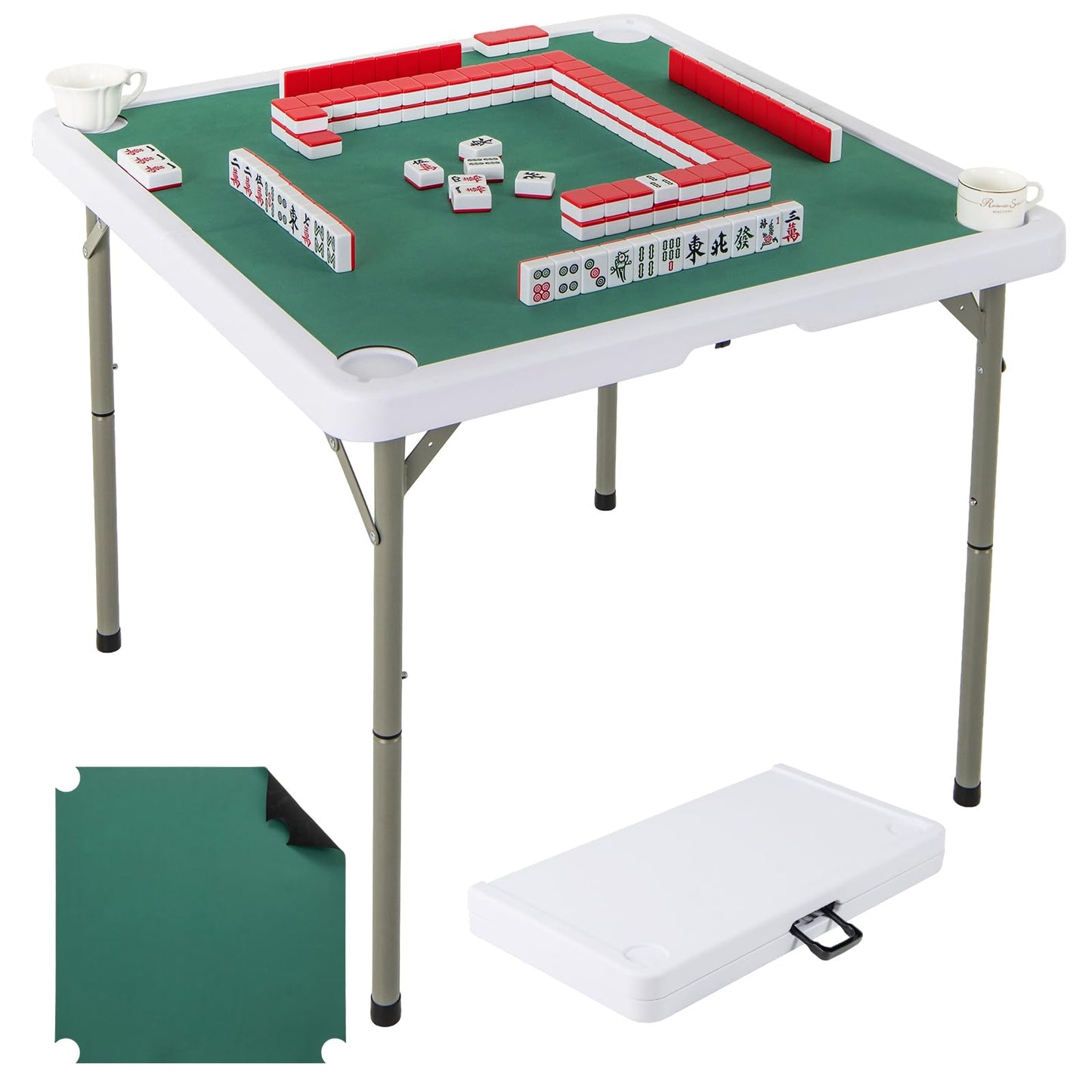90cm Folding Mahjong Table Portable with Felt Mat and Cup Holders