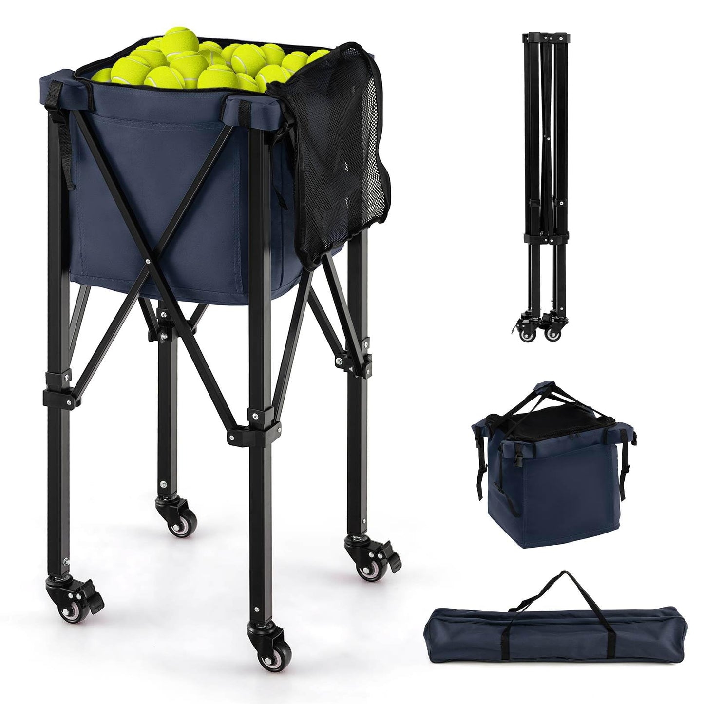 Lightweight Aluminum Tennis Ball Hopper Basket with Wheels and Removable Bag