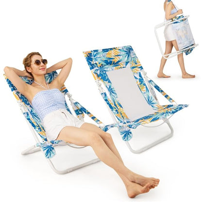 Folding Low Beach Chair Set of 2 with Padded Head Pillow