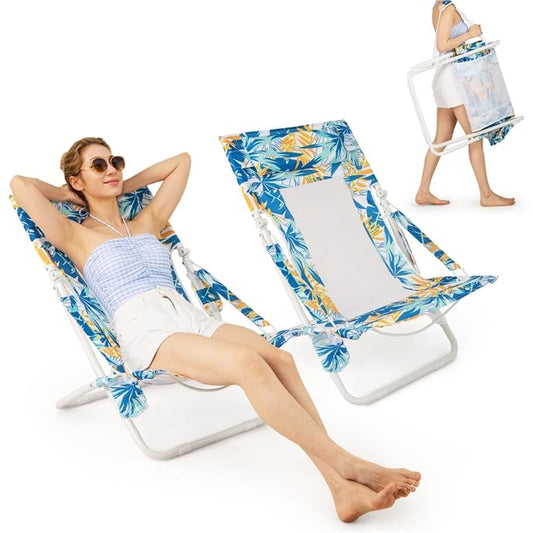 Folding Low Beach Chair Set of 2 with Padded Head Pillow