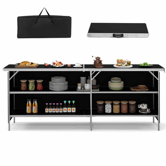 Aluminum Portable Picnic Table w/ 2-Tier Open Shelves & Spacious Tabletop
