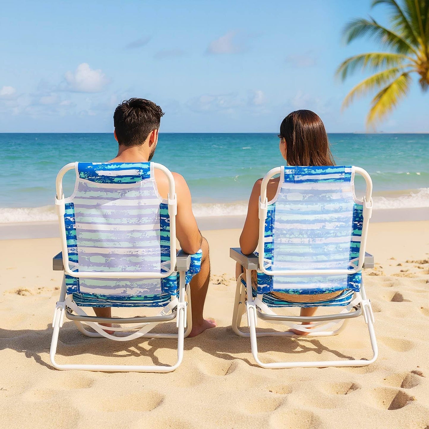 2 Pack Folding Beach Chair Adjustable with Head Pillow and Towel Bar