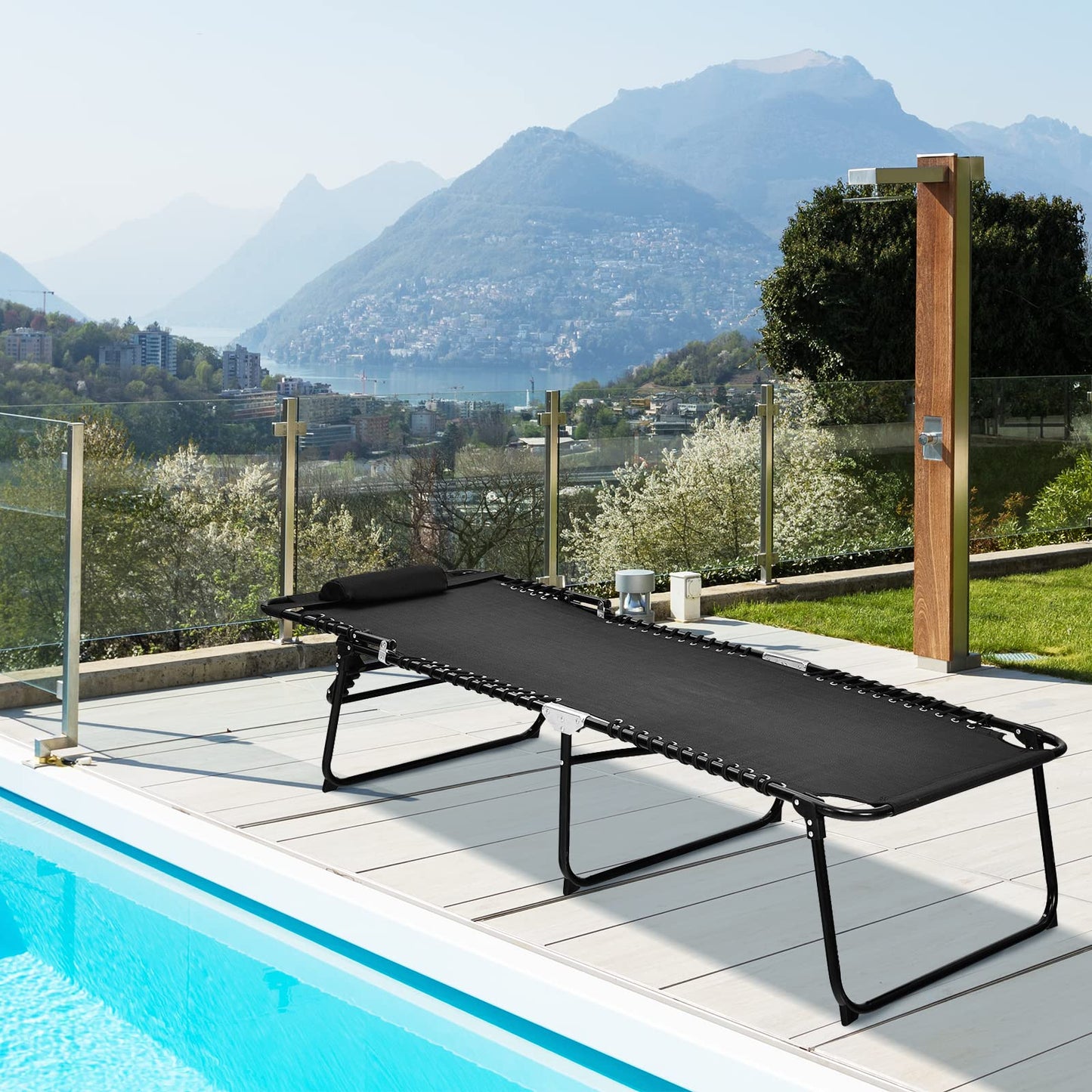Beach Lounge Chair, X-Large Folding Chaise Lounger with Detachable Pillow