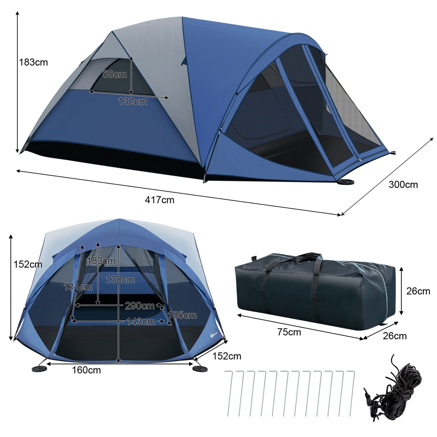 6-Person Camping Dome Tent With Screen Room Porch Easy Setup Double-Layer Tent