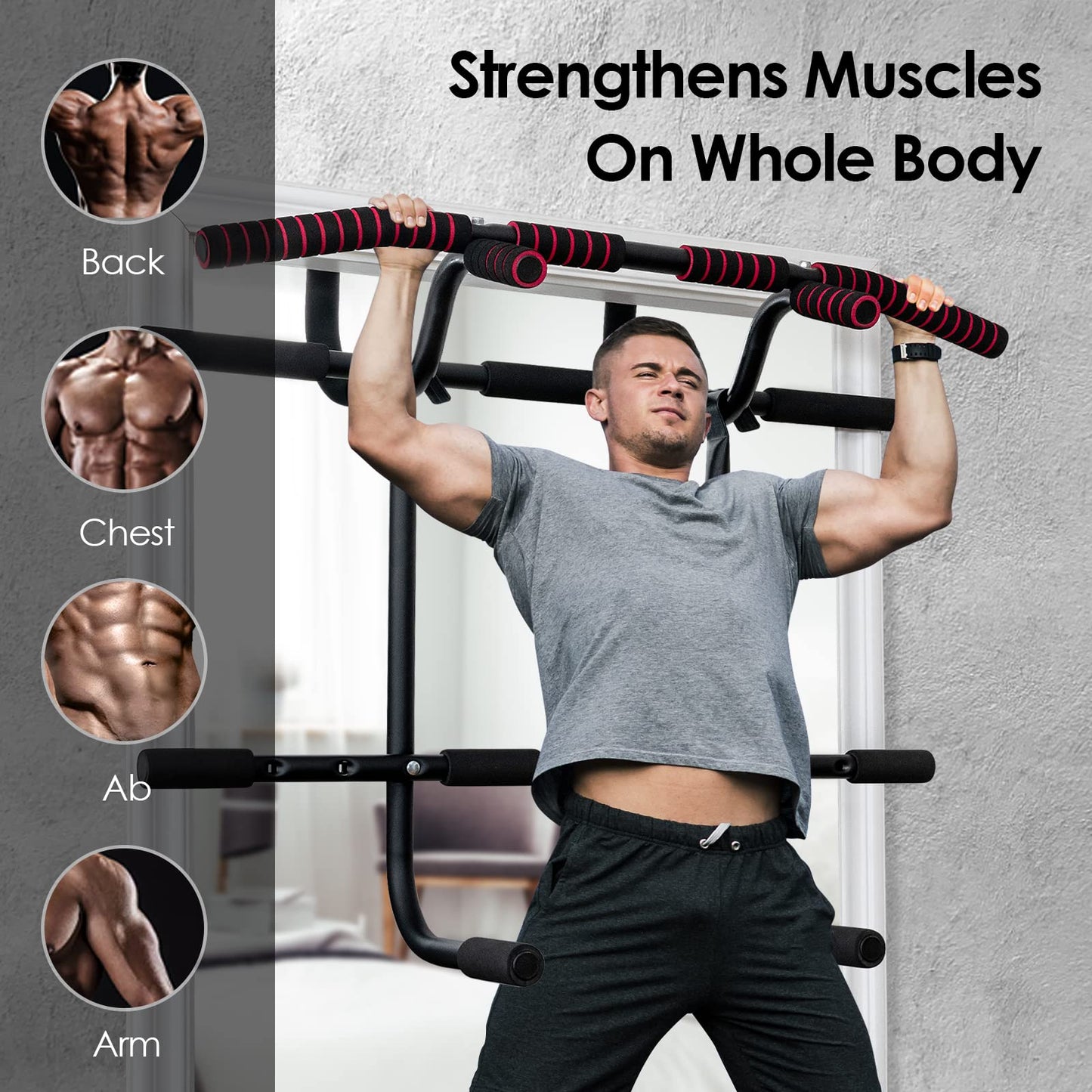 Portable Doorway Pull Up Bar Hanging Fitness Door Trainer w/Power Ropes & Dip Station